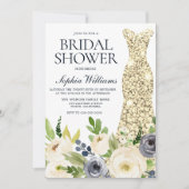 Navy & White Blume Gold Dress Brautparty Einladung (Vorderseite)