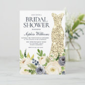 Navy & White Blume Gold Dress Brautparty Einladung (Stehend Vorderseite)