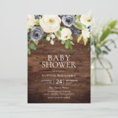 Navy & White Blume Rustic Wood Baby Dusche Einladung (Stehend Vorderseite)
