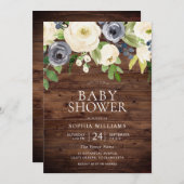 Navy & White Blume Rustic Wood Baby Dusche Einladung (Vorne/Hinten)