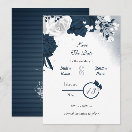 Navy & White Blume Save the Date romantisch (Vorne/Hinten)