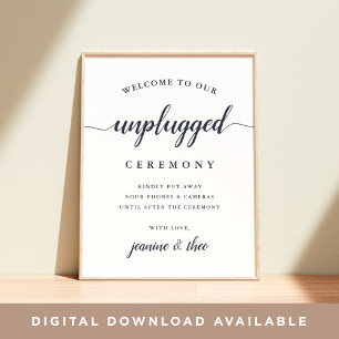 Navy & White Calligraphy Unplugged Wedding Sign Poster