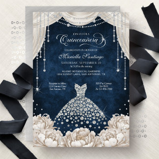 Navy White Diamond Floral Quinceanera Invitation Einladung