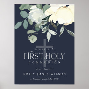 NAVY WHITE FLORAL First HOLY COMMUNION WILLKOMMEN Poster