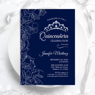 Navy White Floral Quinceanera Party Einladung