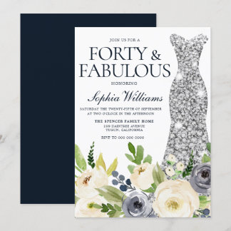 Navy & White Floral Silver Dress 40. Geburtstag Einladung
