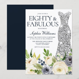 Navy White Floral Silver Dress 80. Geburtstagspart Einladung
