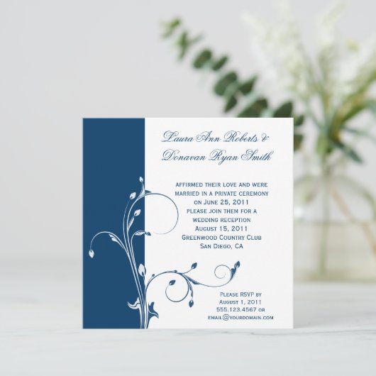 Navy White Floral Wirbel Post Wedding Einladung (Stehend Vorderseite)