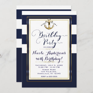 Navy White & Gold Anchor Nautical Birthday Party Einladung