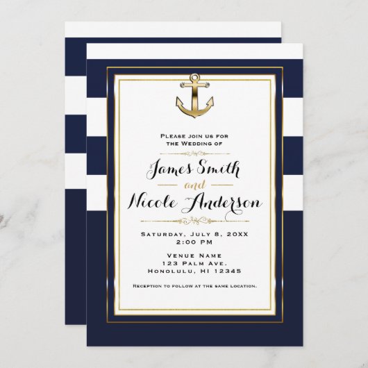 Navy White & Gold Anchor Nautical Stripes Wedding Einladung (Vorne/Hinten)