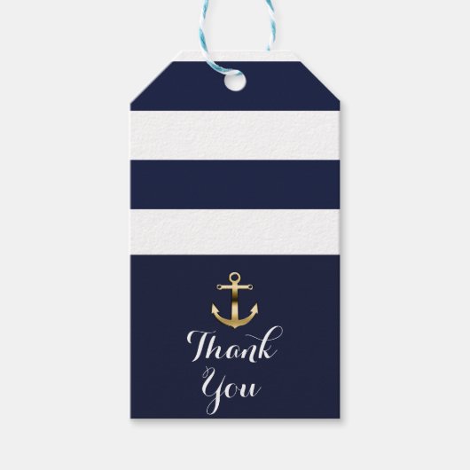 Navy White & Gold Anchor Nautical Stripes Wedding Geschenkanhänger (Vorderseite)