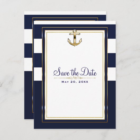 Navy White & Gold Anchor Save the Date Ankündigungspostkarte (Vorne/Hinten)