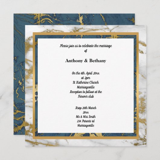 NAVY WHITE GOLD MARBLE WEDING EINLADUNG (Vorne/Hinten)