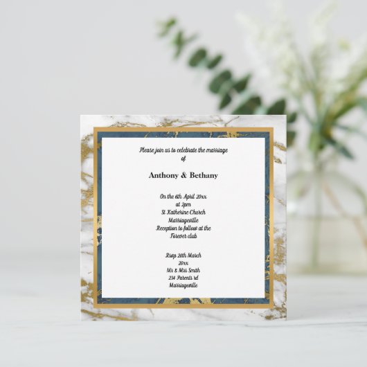 NAVY WHITE GOLD MARBLE WEDING EINLADUNG (Stehend Vorderseite)