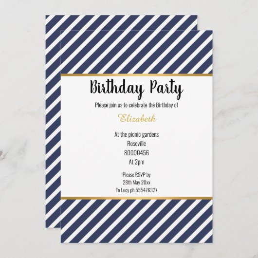 NAVY WHITE GOLD STRIPED GEMUSTERTEN GEBURTSTAG EINLADUNG (Vorne/Hinten)