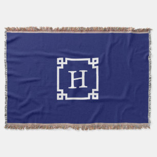 Navy White Greece Key Frame #2 Initial Monogram Decke