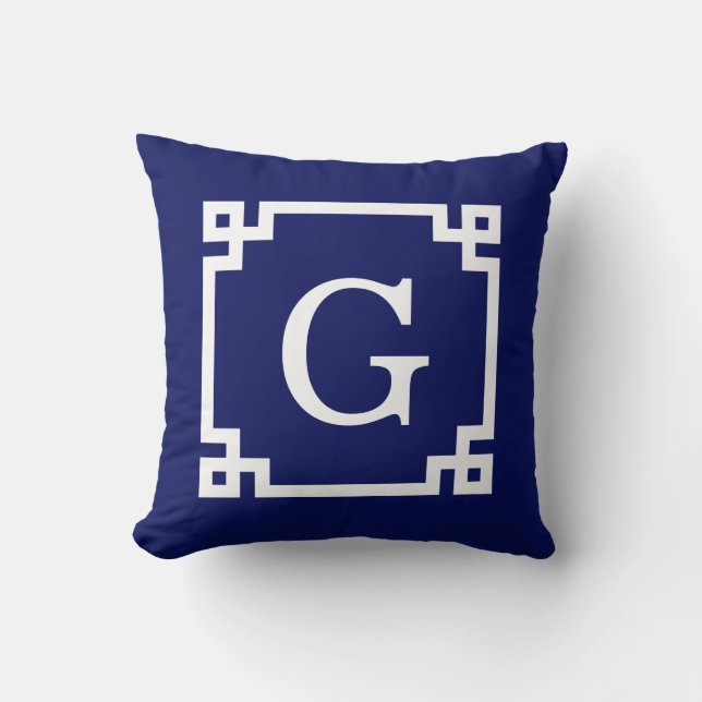 Navy White Greece Key Frame #2 Initial Monogram Kissen (Vorderseite)