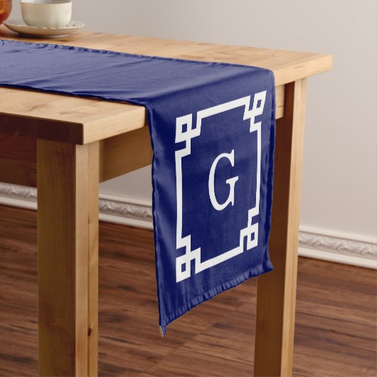 Navy White Greece Key Frame #2 Initial Monogram Kurzer Tischläufer (Beispiel)