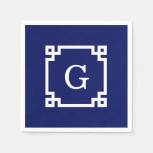 Navy White Greece Key Frame #2 Initial Monogram Serviette