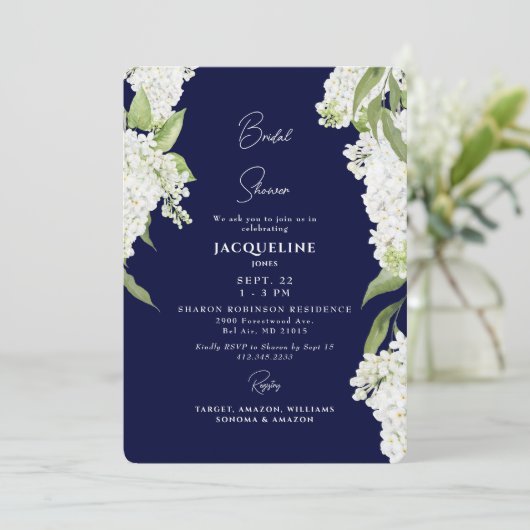 Navy White Hydrangeas-Brautparty Einladung (Stehend Vorderseite)