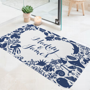 Navy & White Meereskreaturen Paare Herz Monogramm Badematte