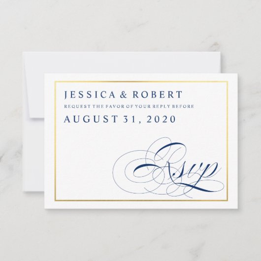 Navy & White mit Imitats Gold Wedding RSVP Card Karte (Vorderseite)