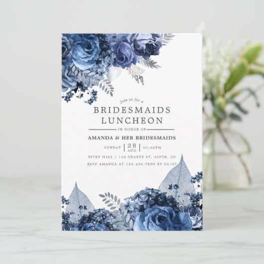 Navy & White mit Silver Foil Bridesmaiers Luncheon Einladung (Stehend Vorderseite)