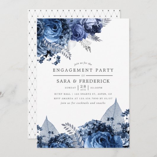 Navy & White mit Silver Foil Engagement Party Einladung (Vorne/Hinten)