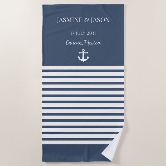 Navy White Personalisiert Hochzeit in Urlaubsort G Strandtuch (Vorderseite)