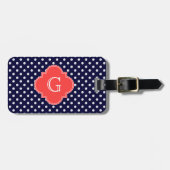 Navy White Polka Dot Coral Quatrefoil Monogram Gepäckanhänger (Vorderseite horizontal)