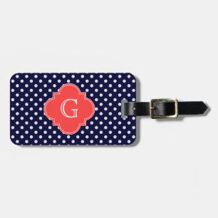 Navy White Polka Dot Coral Quatrefoil Monogram Gepäckanhänger