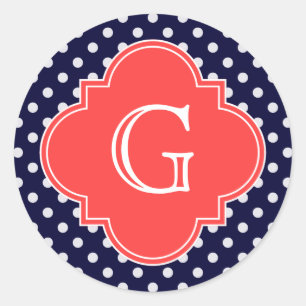 Navy White Polka Dot Coral Quatrefoil Monogram Runder Aufkleber