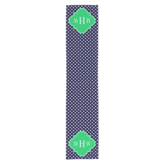 Navy White Polka Dot Emerald Quatrefoil 3 Kurzer Tischläufer (Vorderseite)