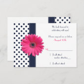 Navy White Polka Dot Pink Daisy Wedding RSVP Card (Vorne/Hinten)