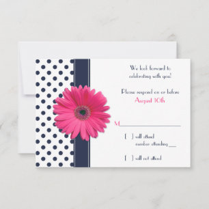 Navy White Polka Dot Pink Daisy Wedding RSVP Card Karte