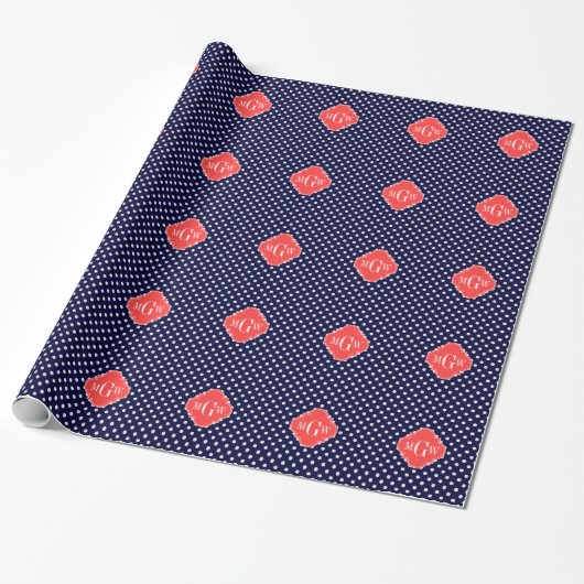 Navy White Polka Dots Coral Quatrefoil 3 Geschenkpapier (Ungerollt)