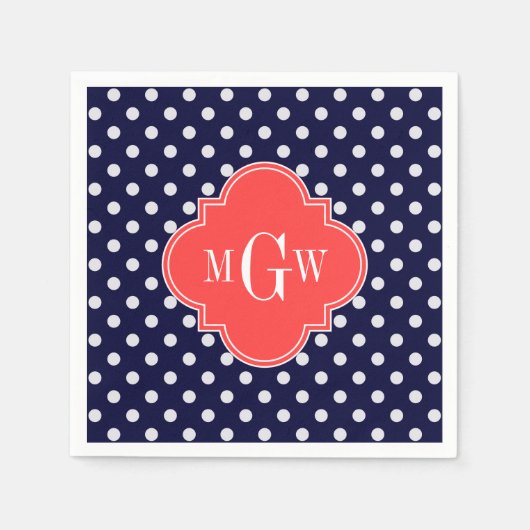 Navy White Polka Dots Coral Quatrefoil 3 Serviette (Vorderseite)