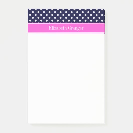 Navy White Polka Dots Hot Pink Ribbon Monogram Post-it Klebezettel (Vorderseite)