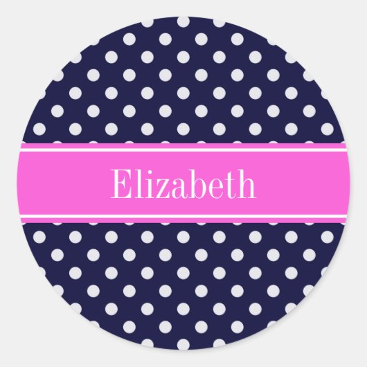 Navy White Polka Dots Hot Pink Ribbon Monogram Runder Aufkleber (Vorderseite)