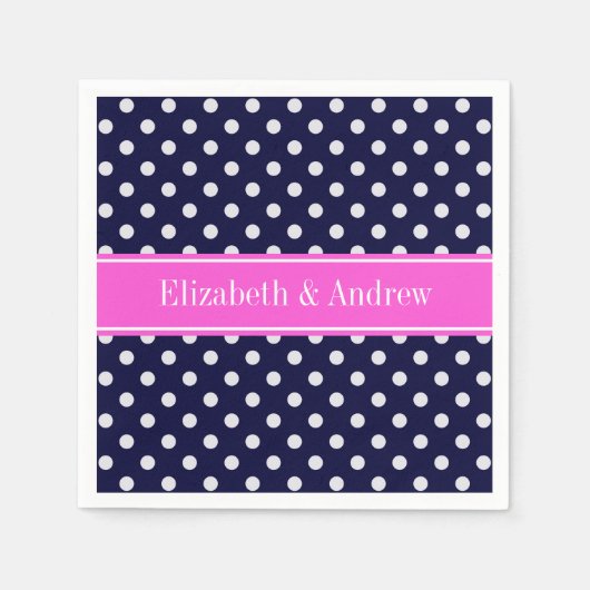 Navy White Polka Dots Hot Pink Ribbon Monogram Serviette (Vorderseite)