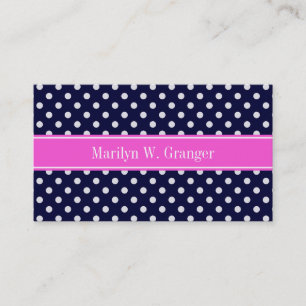 Navy White Polka Dots Hot Pink Ribbon Monogram Visitenkarte