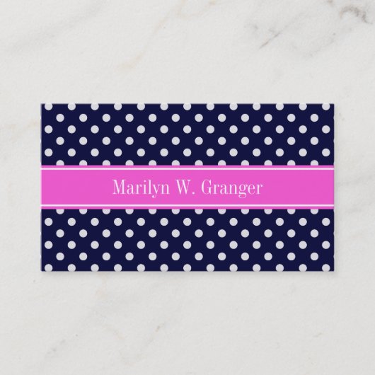 Navy White Polka Dots Hot Pink Ribbon Monogram Visitenkarte (Vorderseite)