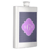 Navy White Polka Dots Lilac Quatrefoil 3 Monogramm Flachmann (Rechts)