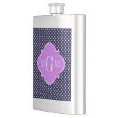 Navy White Polka Dots Lilac Quatrefoil 3 Monogramm Flachmann (Links)