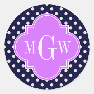 Navy White Polka Dots Lilac Quatrefoil 3 Monogramm Runder Aufkleber
