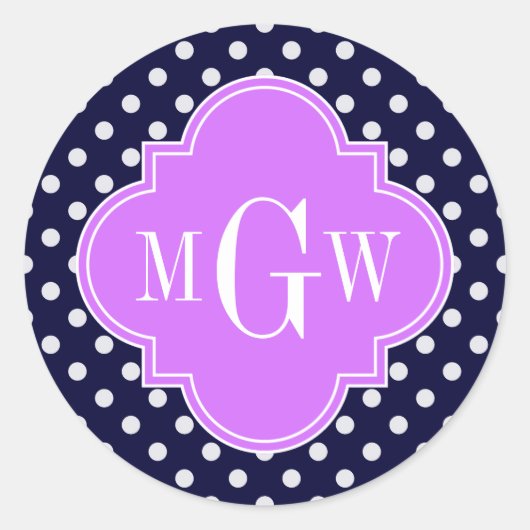 Navy White Polka Dots Lilac Quatrefoil 3 Monogramm Runder Aufkleber (Vorderseite)