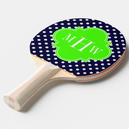 Navy White Polka Dots Lime Quatrefoil 3 Monogram Tischtennis Schläger (Vorderseite)