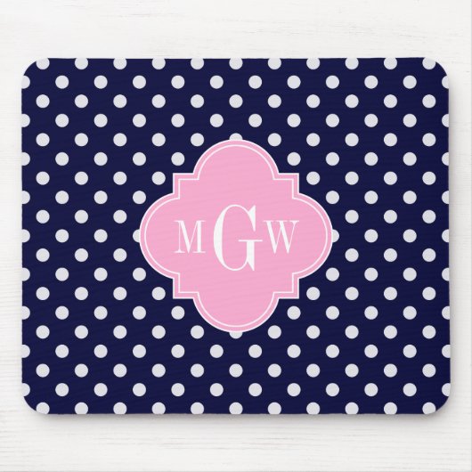 Navy White Polka Dots Pink Quatrefolie 3 Monogramm Mousepad (Vorne)