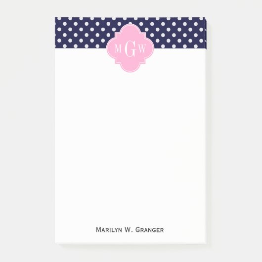 Navy White Polka Dots Pink Quatrefolie 3 Monogramm Post-it Klebezettel (Vorderseite)