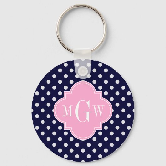 Navy White Polka Dots Pink Quatrefolie 3 Monogramm Schlüsselanhänger (Vorderseite)